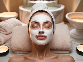 Wall Mural - A stunning photograph of a model relaxing at a luxurious spa. The model, with her eyes closed and a serene expression on her face, is adorned with a facial mask.