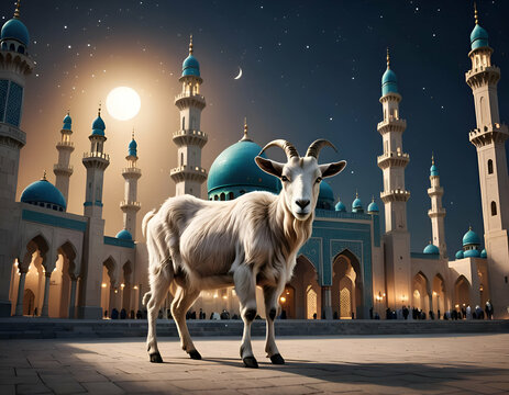 Goat stands in front of mosque Eid al adha mubarak festival islamic background Generated Ai