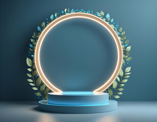 Poster - Abstract 3D room with realistic cylinder pedestal podium and neon ring background. Minimal scene for product display. Vector mock up geometric design. Generative AI