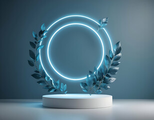 Poster - Abstract 3D room with realistic cylinder pedestal podium and neon ring background. Minimal scene for product display. Vector mock up geometric design. Generative AI