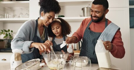 Sticker - Happy, family and baking together in home for breakfast, growth and development for child. People, house and milk for diet or wellness at morning, learning and bonding with father and mother