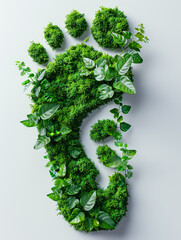 Concept of green eco and earth day. Footprint made of fresh green grass with leaves isolated on white background.