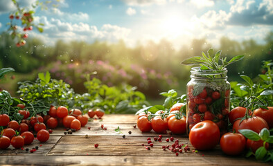 Wall Mural - Fresh tomatoes in jar and garden