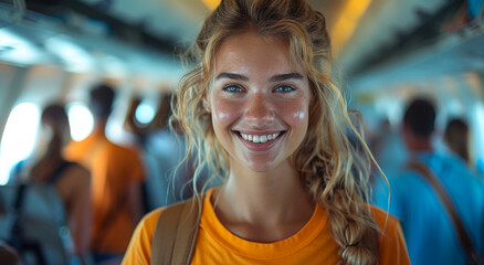Wall Mural - Young smiling woman standing in airplane cabin full of passengers, looking at camera and posing for photo while walking through crowd on plane with other people,