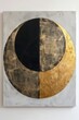 Monochrome abstract painting of intersecting black and gold circles