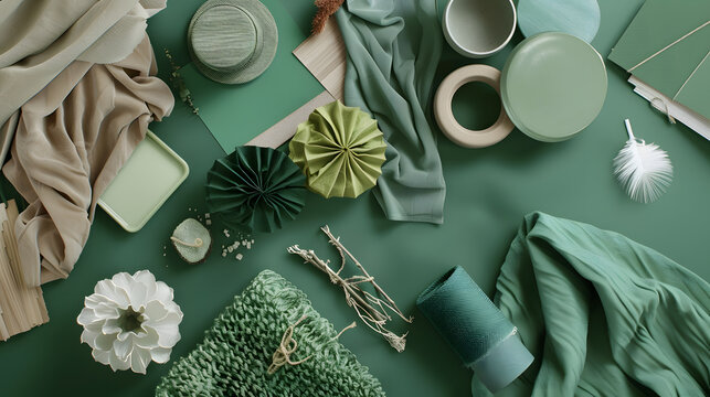 Flat lay of creative architect moodboard composition with samples of building textile and natural materials and personal accessories Top view green background template : Generative AI