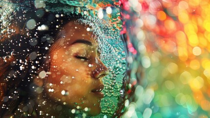 Wall Mural - A woman is in a pool of water, and the water is colorful