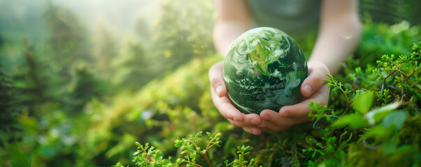 close up of child hands holding and taking care of green earth globe. caring for nature concept.