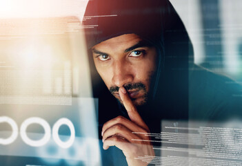 Fototapete - Portrait, hacking and man with laptop, hologram or serious with internet, code or cyber security risk. Face, person or programmer with pc, holographic or blockchain database with silent sign or quiet