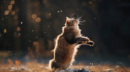 A cat is standing on its hind legs in the middle of a snowy field, looking up at the sky. The sun is shining brightly, and the snow is sparkling. The cat's fur is long and fluffy, and its tail is swis