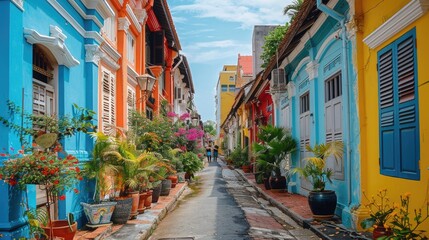 A colorful narrow street with blue sky