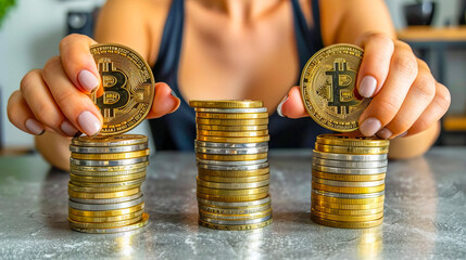 Person aligning bitcoin tokens on rising coin stacks, concept of cryptocurrency investment