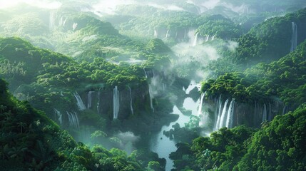Wall Mural - Behold the breathtaking sight of the expansive river meandering through the lush tropical rainforest adorned with cascading waterfalls generating a veil of glistening white mist