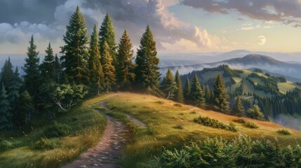 Wall Mural - On the summer solstice the coniferous trees perched atop a hill by the meandering path through the meadow in the mountains witness the dance of the sun and moon embodying the intriguing ide