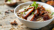 Close-up of a bowl of roasted duck noodles, focusing on the succulent slices of duck, glistening with a perfect glaze atop a tangle of fresh, 
