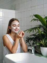 Wall Mural - Happy young beautiful Caucasian woman takes care of her facial skin.