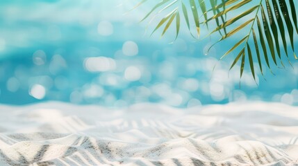 white sand at the bottom and palm leaf on the top with blue blur sea and sky in the middle, summer concept