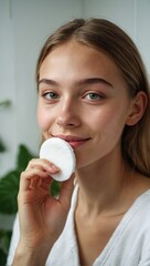 Wall Mural - Happy young beautiful Caucasian woman takes care of her facial skin.