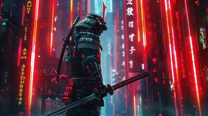 Wall Mural - Style of a samurai standing in the rain with a neon cyber city background. AI generated image