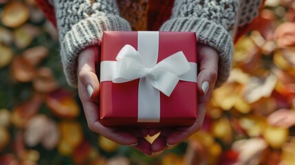 A woman's hands holding a red gift box with a white bow 