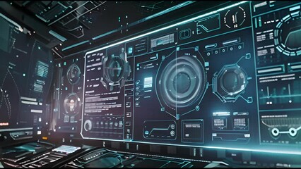 Poster - HUD interface. Technical futuristic sci fi display with code text. Blue Hi Tech template for your video.