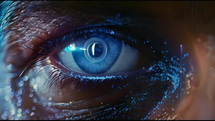 Leinwandbilder - An artificial intelligence, augmented reality interface for deep blue male eyes, with holographic hud interfaces.