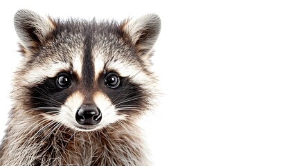 Poster - Portrait of a cute funny raccoon closeup isolated on white background : Generative AI