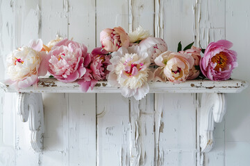 Wall Mural - An assortment of peonies on a shabby chic white painted shelf, evoking a soft, romantic feel in a bedroom corner.