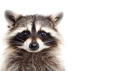 Poster - Portrait of a cute funny raccoon closeup isolated on a white background : Generative AI