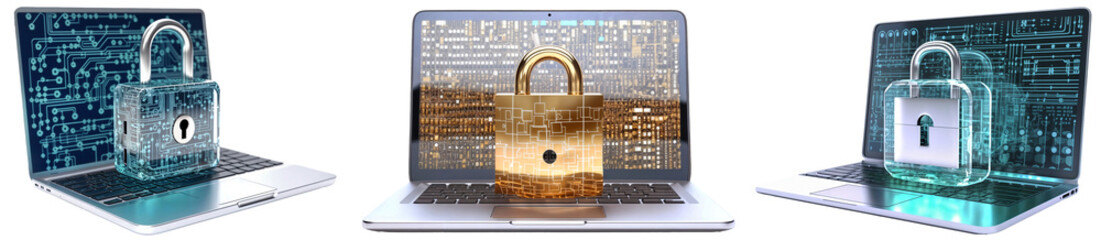 Set of three laptops with digital padlocks as a symbol for cyber security and data protection, isolated on a transparent background