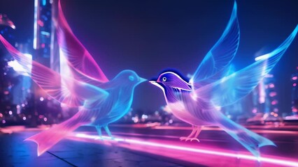 Wall Mural - Two neon hummingbirds, one pink and one blue, face each other against a backdrop of a futuristic cityscape at night. The vibrant lights and reflections create a dazzling, high-tech atmosphere.
