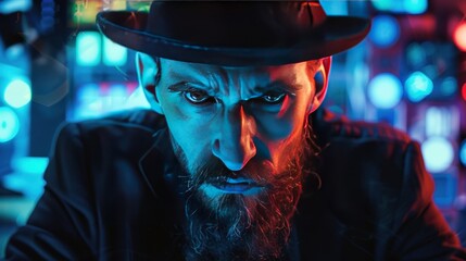 Wall Mural - The stylist beard man wearing hat is cool at night with the neon glow. AI generated image