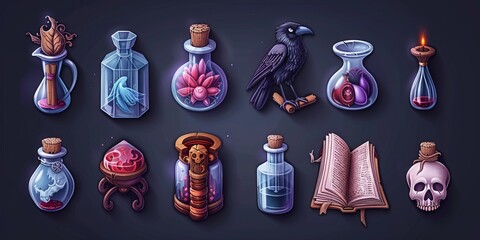 Wizard game icon with magic book ui set. Fantasy medieval halloween object with element for witchcraft. Alchemy potion bottle, skull, hourglass, raven and wand mystery asset design for hallowen app