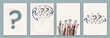 Poster - template or brochure with Raised hands of people holding a speech bubble with a hand-drawn question mark symbol. Concept of choice - problem - question -doubt - or query. FAQ