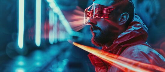 Wall Mural - Face portrait of handsome cyberpunk bearded man with neon light glasses. AI generated image