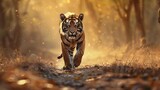 Fototapeta  - Great tiger male in the nature habitat Tiger walk during the golden light time Wildlife scene with danger animal Hot summer in India Dry area with beautiful indian tiger Panthera tigri : Generative AI
