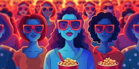 People in cinema concept. Women with soda and pop corn watch movie. Cultural leisure and lifestyle. Young girls in red and blue glasses. Cartoon isometric illustration