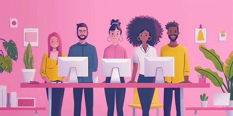 Work on site concept. UI and UX elements for webpage. Team of grahic designers create template for page. Creative colleagues. Cartoon flat isolated on pink background illustration