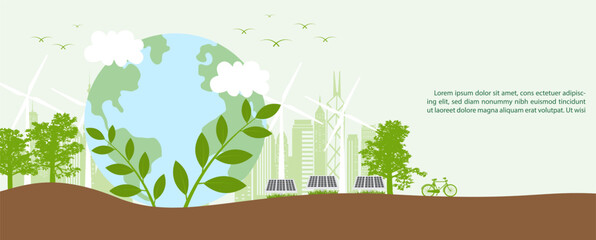 Fototapete - Natural plants and trees with cityscape and wind turbine, solar panel with wording of Environment day, example texts on green background.