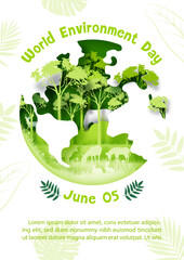 Poster - Poster illustration of World Environment's day in layers paper cut style with example texts and globe on green background.