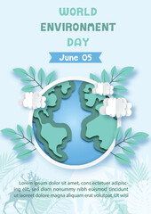 Fototapete - Poster campaign of world environment day with earth and levees, clouds in origami paper cut style and vector illustration design