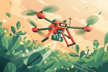 Wall Mural - Unmanned aerial drones capturing graphic photos of botanical vehicles promote eco friendly digital farming and farm technology