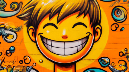 Yellow happy smiley face painted on a wall in graffiti style