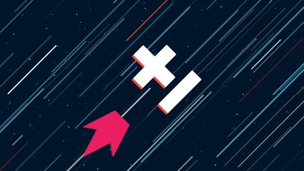 Poster - Plus–minus sign flies through the universe on a jet propulsion. The symbol in the center is shaking due to high speed. Seamless looped 4k animation on dark blue background with stars