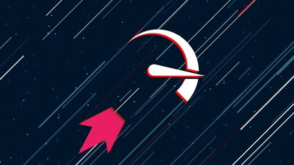 Poster - Tachometer symbol flies through the universe on a jet propulsion. The symbol in the center is shaking due to high speed. Seamless looped 4k animation on dark blue background with stars