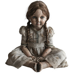 Poster - Possessed porcelain doll with dead eyes isolated on transparent background.PNG file. 