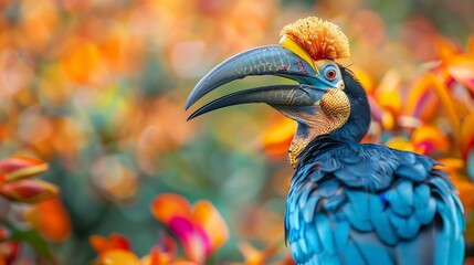 Portrait of colourful hornbill native to Indonesia  Knobbed Hornbill Aceros cassidix Huge bird with gold bristled feathers on the blue neck blurred orange flowers in background  Bird o : Generative AI
