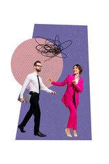 Wall Mural - Vertical photo collage of serious guy walk hold macbook girl secretary wear pink suit dance deal partners isolated on painted background