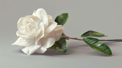 Poster - Isolated white gardenia flower with stem and leaves on a gray background