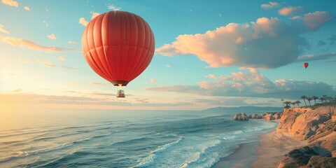 Wall Mural - Hot air balloon flying over beach illustration